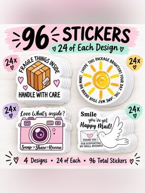 96 Cute Mailer Sticker Set Bundle 24 each